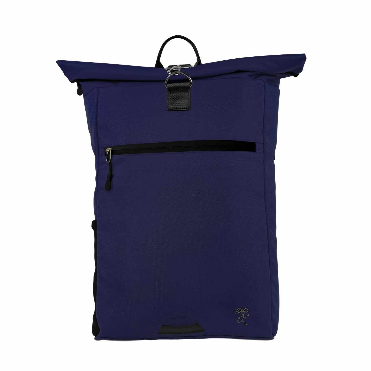 Vorderansicht der FUCHS und REBELL PIET Rolltop Rucksacks in dunkelblau. 