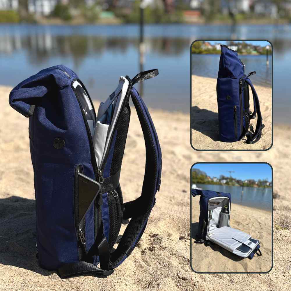 Innenansicht des FUCHS und REBELL PIET Rolltop Rucksacks in dunkelblau mit vielen praktischen Faechern.