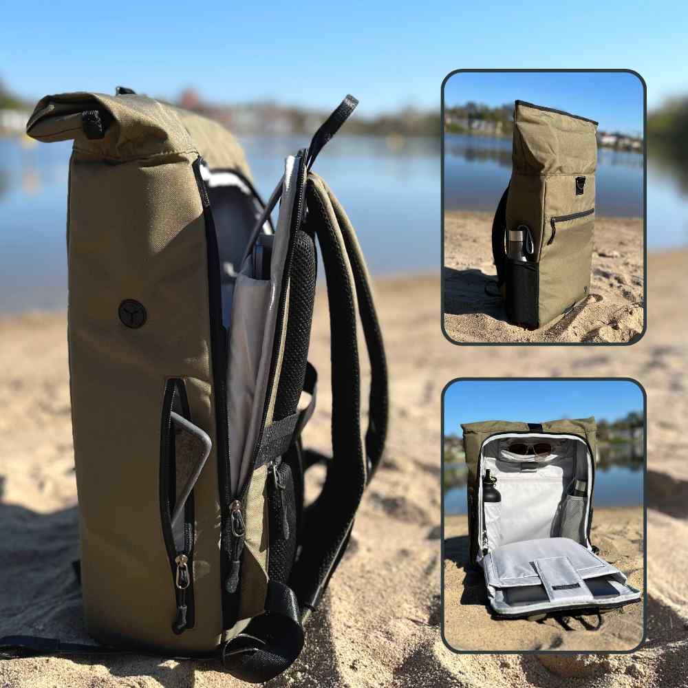 Innenansicht des FUCHS und REBELL PIET Rolltop Rucksacks in gruen mit vielen praktischen Faechern.