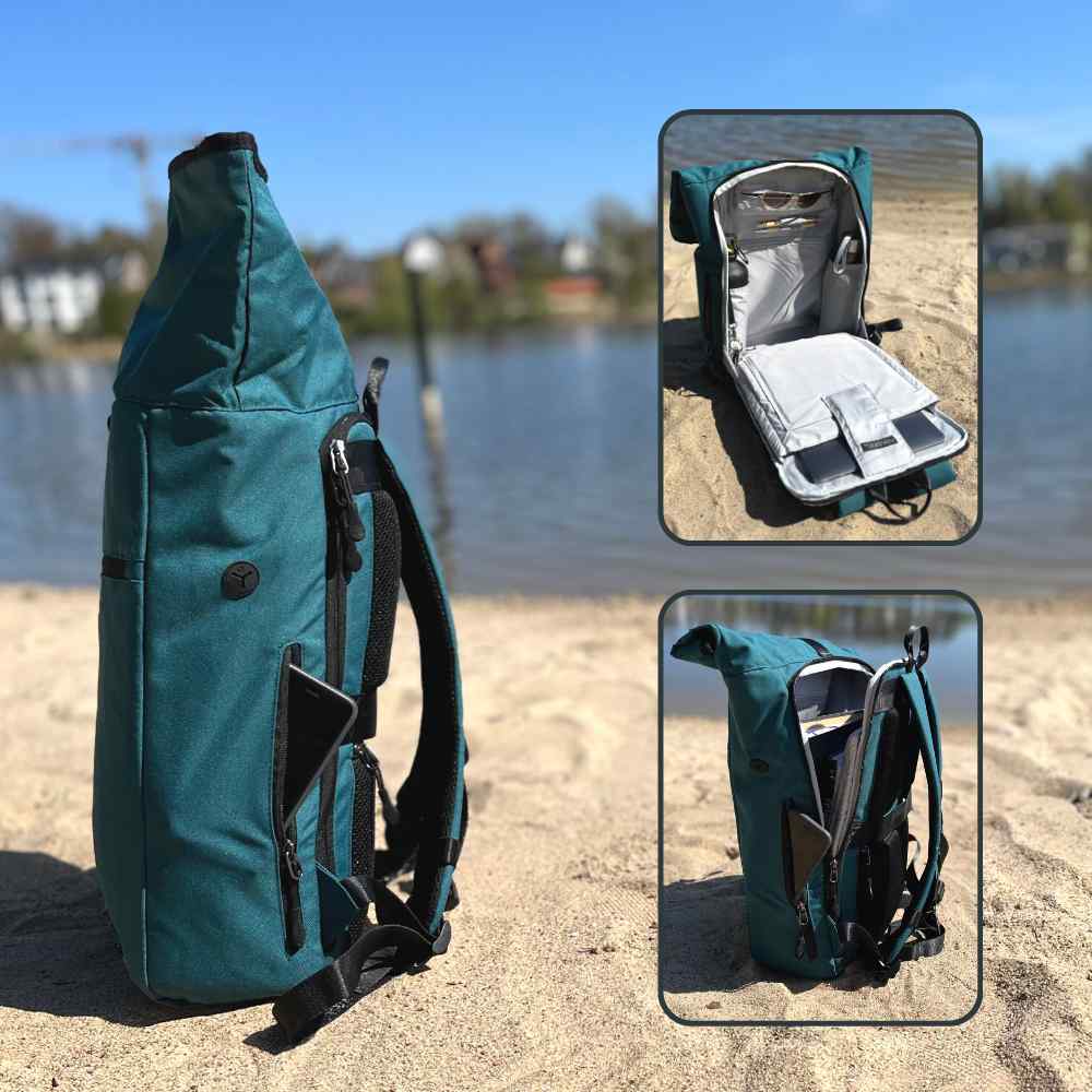 Innenansicht des FUCHS und REBELL PIET Rolltop Rucksacks in petrol blau mit vielen praktischen Faechern.