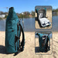 Innenansicht und Seitenansicht des petrolblauen FUCHS und REBELL PIET Rolltop Rucksacks mit vielen praktischen Faechern. Ein Bild zeigt, dass man den Rucksack über den 2-Wege REissverschluss am Ruecken komplett oeffnen kann.  Ein weiteres Bild zeigt den Rucksack von innen mit den vielen praktischen Faechern.