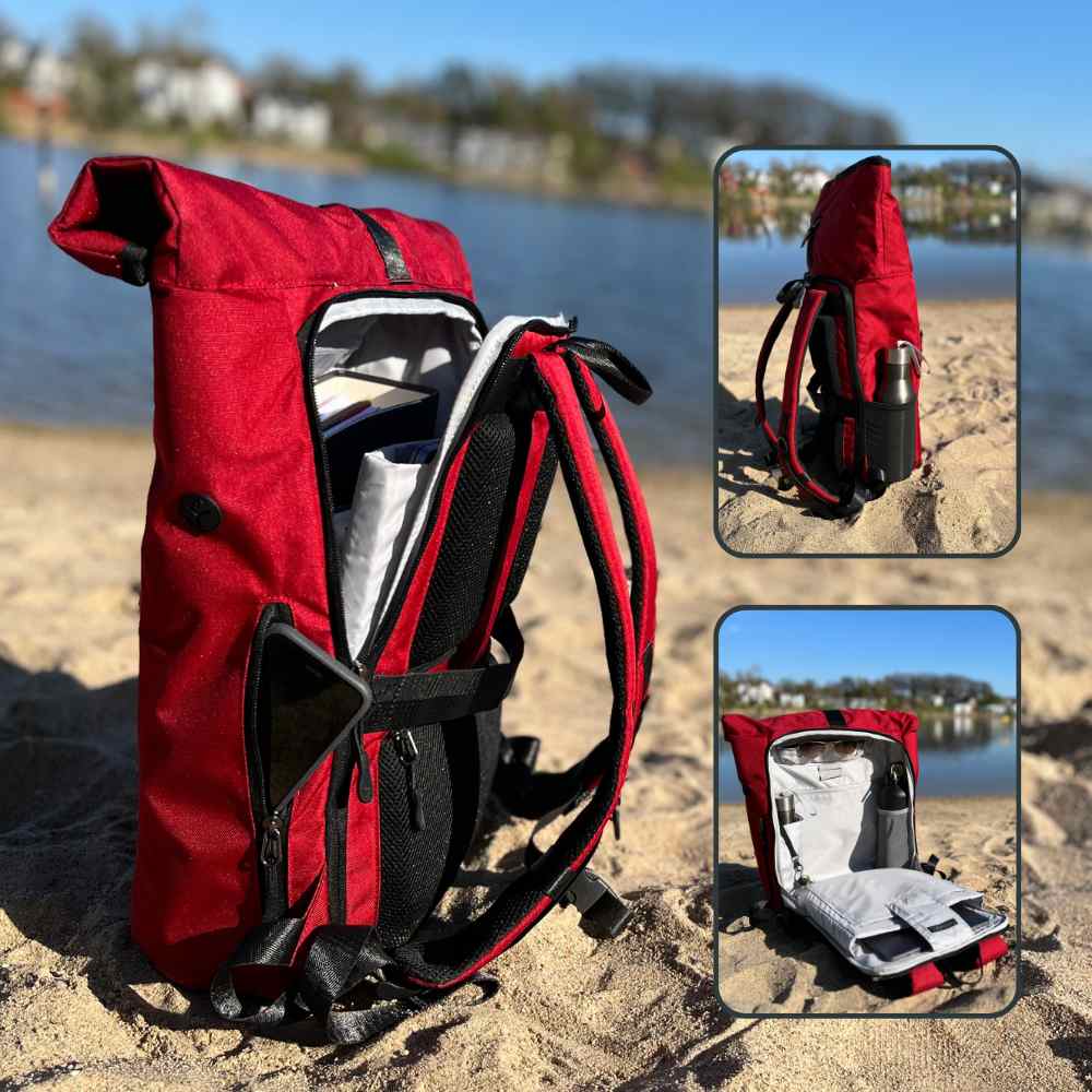 Innenansicht des FUCHS und REBELL PIET Rolltop Rucksacks in rot mit vielen praktischen Faechern.