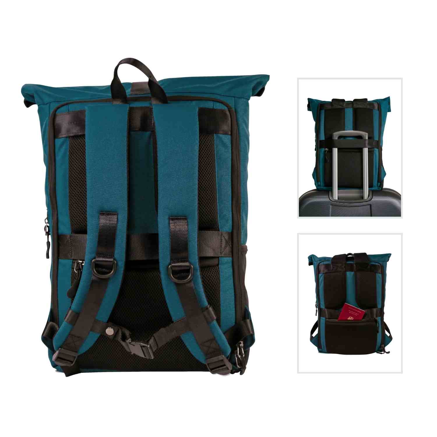 Rueckenansicht des FUCHS und REBELL PIET Rolltop Rucksacks in petrolblau mit gepolstertem Ruecken und Schultergurten, abnehmbarem Brustgurt, stabilem Koffergurt und Anti-Diebstahlfach.