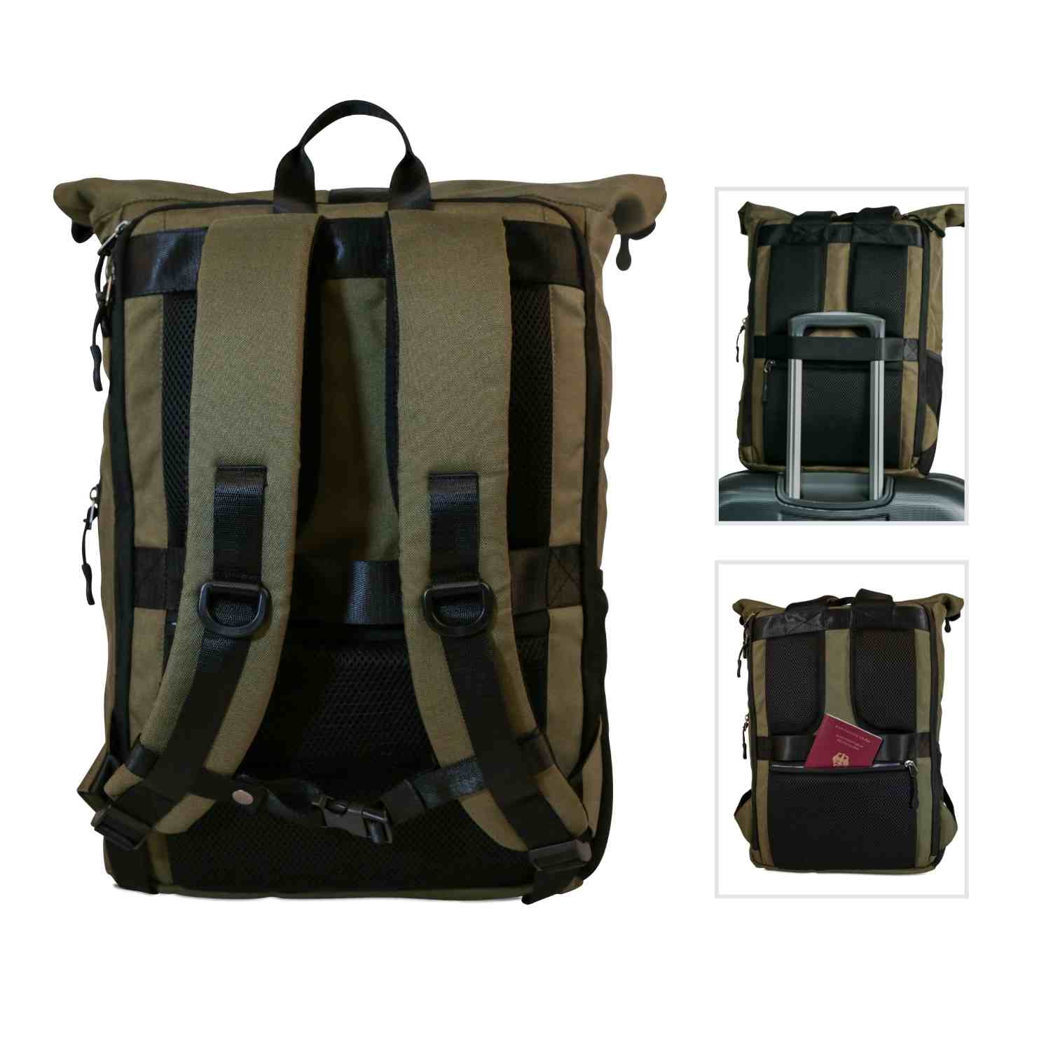 Rueckenansicht des FUCHS und REBELL PIET Rolltop Rucksacks in gruen mit gepolstertem Ruecken und Schultergurten, abnehmbarem Brustgurt, stabilem Koffergurt und Anti-Diebstahlfach.