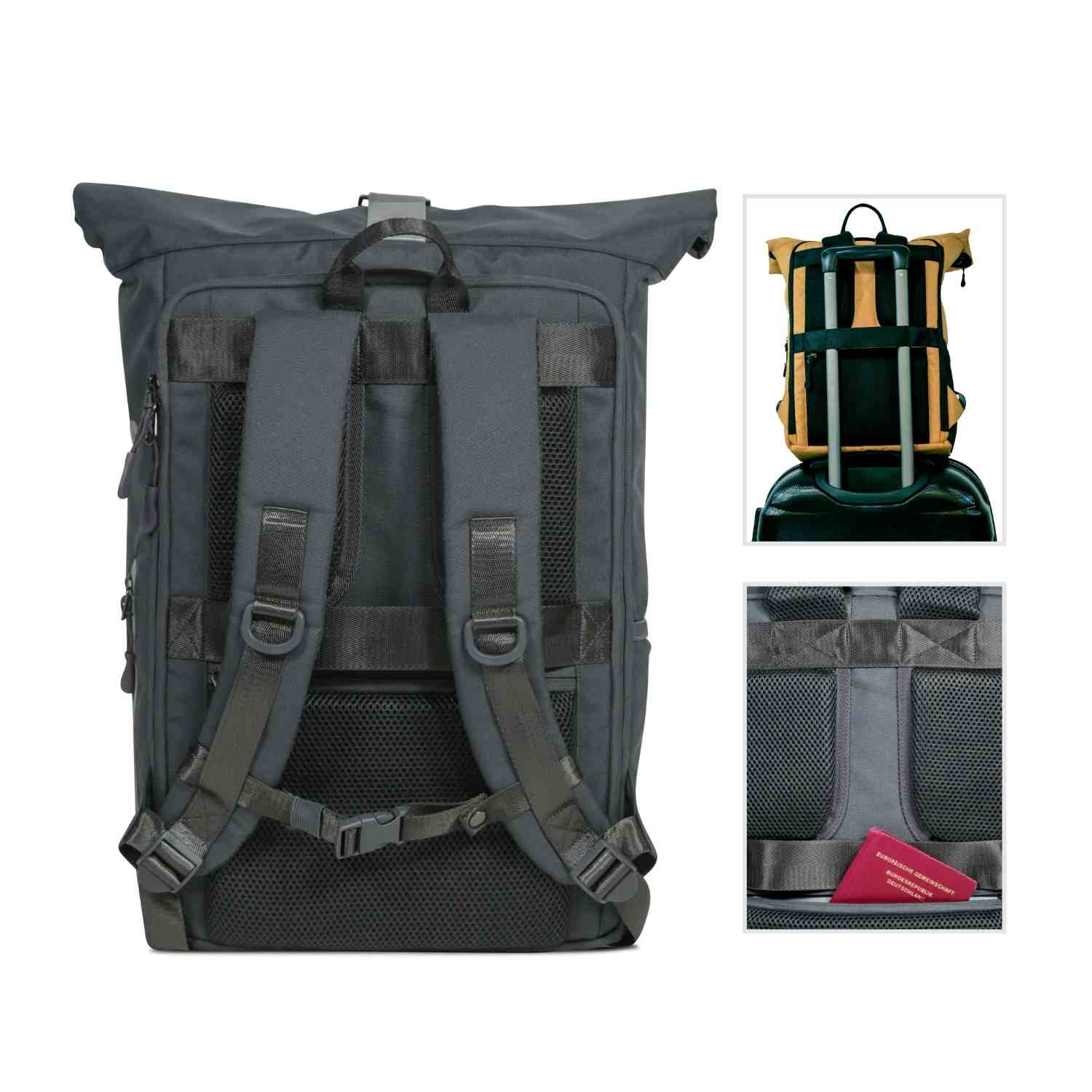 Rueckenansicht des FUCHS und REBELL PIET Rolltop Rucksacks in dunkelgrau mit gepolstertem Ruecken und Schultergurten, abnehmbarem Brustgurt, stabilem Koffergurt und Anti-Diebstahlfach.