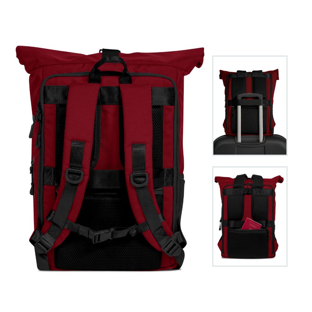 Rueckenansicht des FUCHS und REBELL PIET Rolltop Rucksacks in rot mit gepolstertem Ruecken und Schultergurten, abnehmbarem Brustgurt, stabilem Koffergurt und Anti-Diebstahlfach.