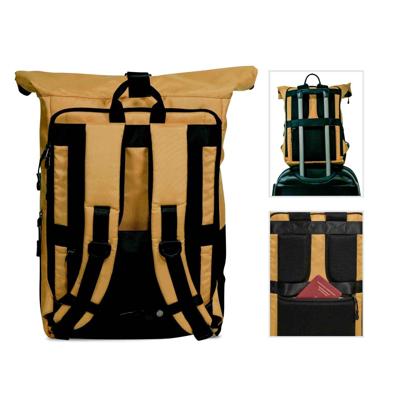 Rueckenansicht des FUCHS und REBELL PIET Rolltop Rucksacks in gelb mit gepolstertem Ruecken und Schultergurten, abnehmbarem Brustgurt, stabilem Koffergurt und Anti-Diebstahlfach.