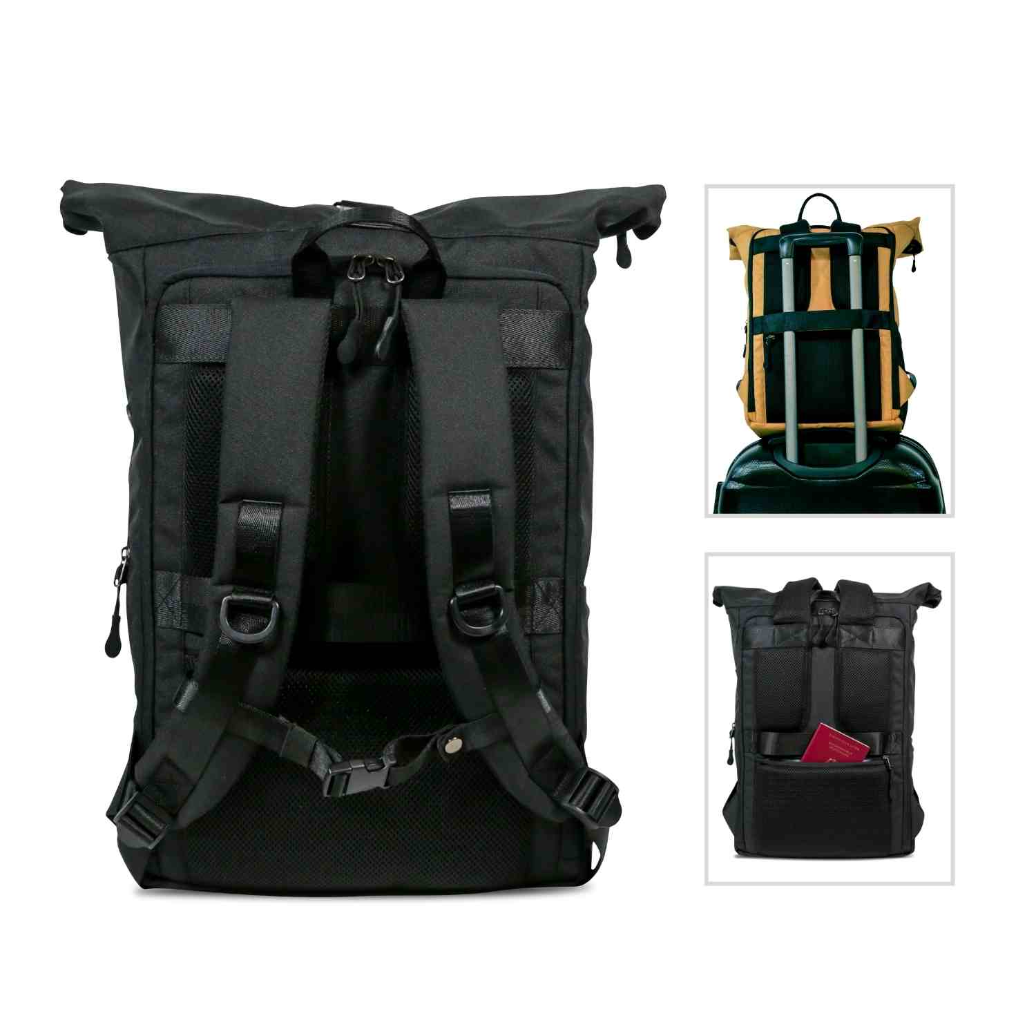 Rueckenansicht des FUCHS und REBELL PIET Rolltop Rucksacks in schwarz mit gepolstertem Ruecken und Schultergurten, abnehmbarem Brustgurt, stabilem Koffergurt und Anti-Diebstahlfach.