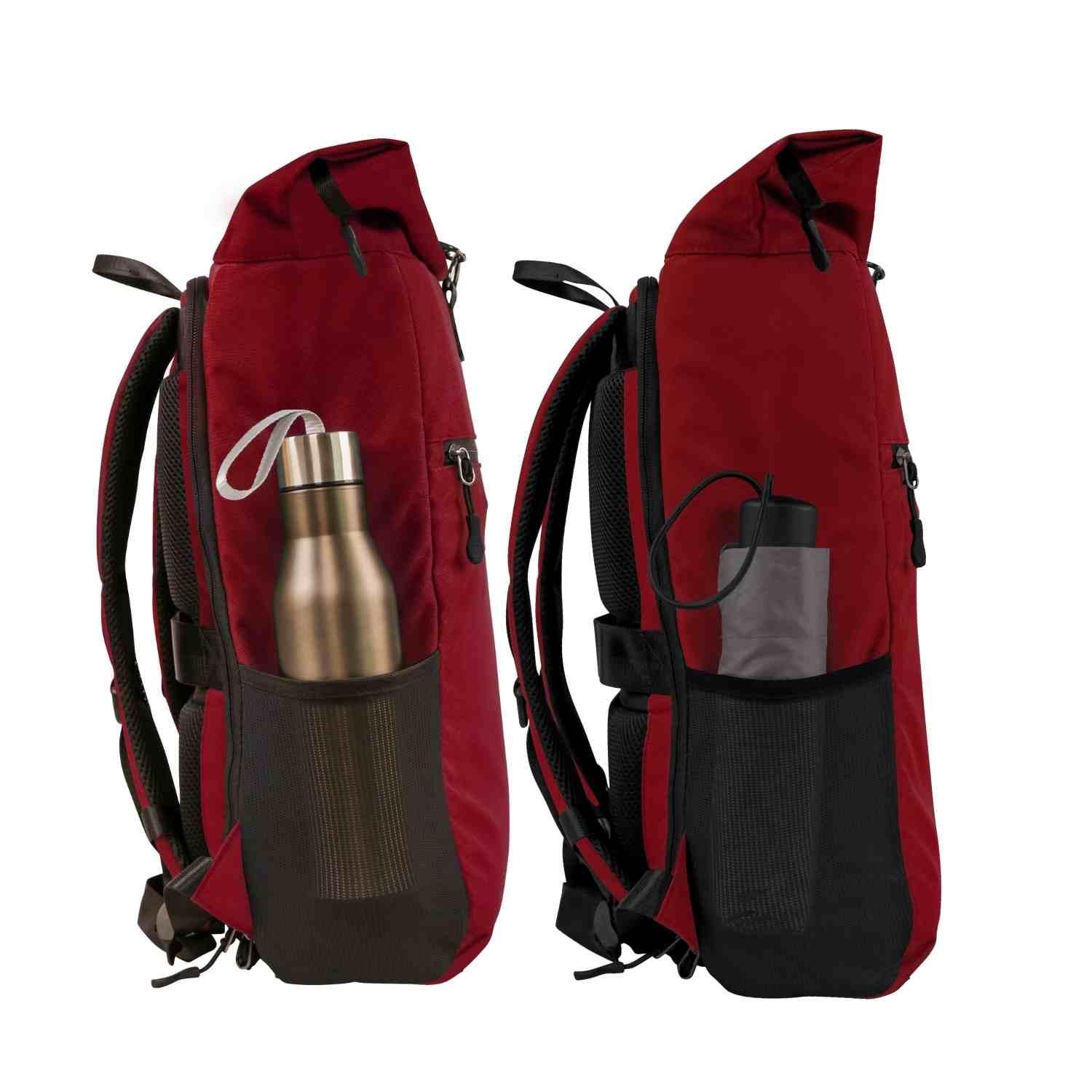 Seitenansicht von dem FUCHS und REBELL PIET Rolltop Rucksack in rot mit extra strabiler Meshtasche für einen Regenschirm oder eine Flasche.