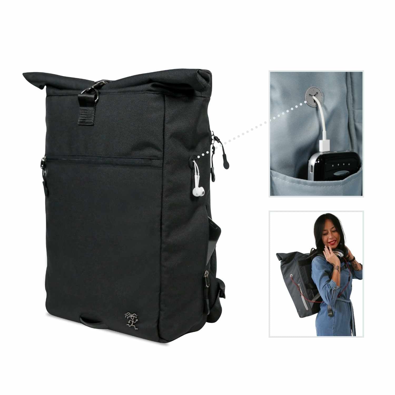 Ansicht von der rechten Seite des FUCHS und REBELL PIET Rolltop Rucksacks in schwarz mit extra Smartphonetasche und Gummioeffnung für Kopfhoerer oder Aufladekabel. Auf der Innenseite ist unter der Gummioeffnung ein extra Fach für das Handy/ die Powerbank.