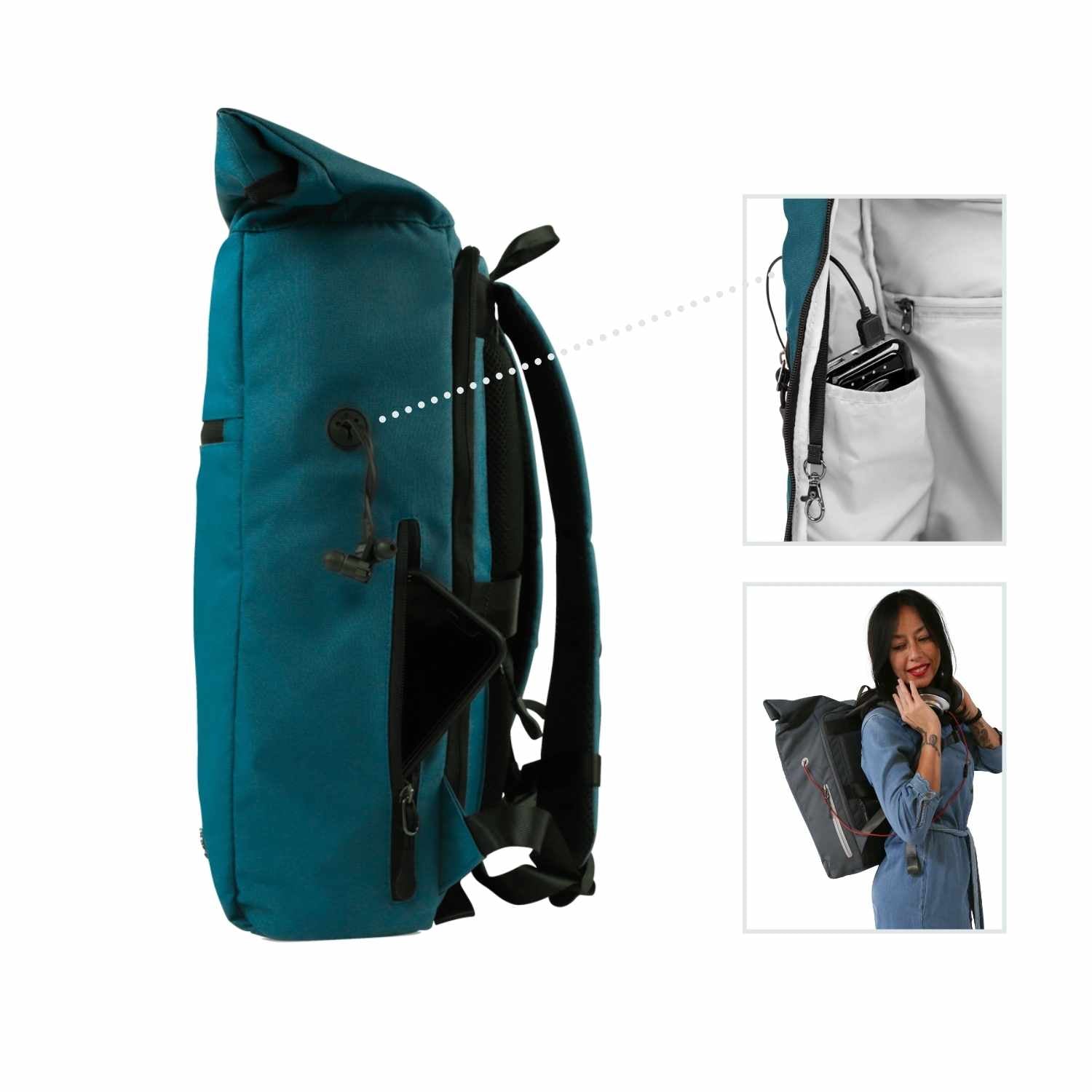 Ansicht von der rechten Seite des FUCHS und REBELL PIET Rolltop Rucksacks in petrolblau mit extra Smartphonetasche und Gummioeffnung für Kopfhoerer oder Aufladekabel. Auf der Innenseite ist unter der Gummioeffnung ein extra Fach für das Handy/ die Powerbank.