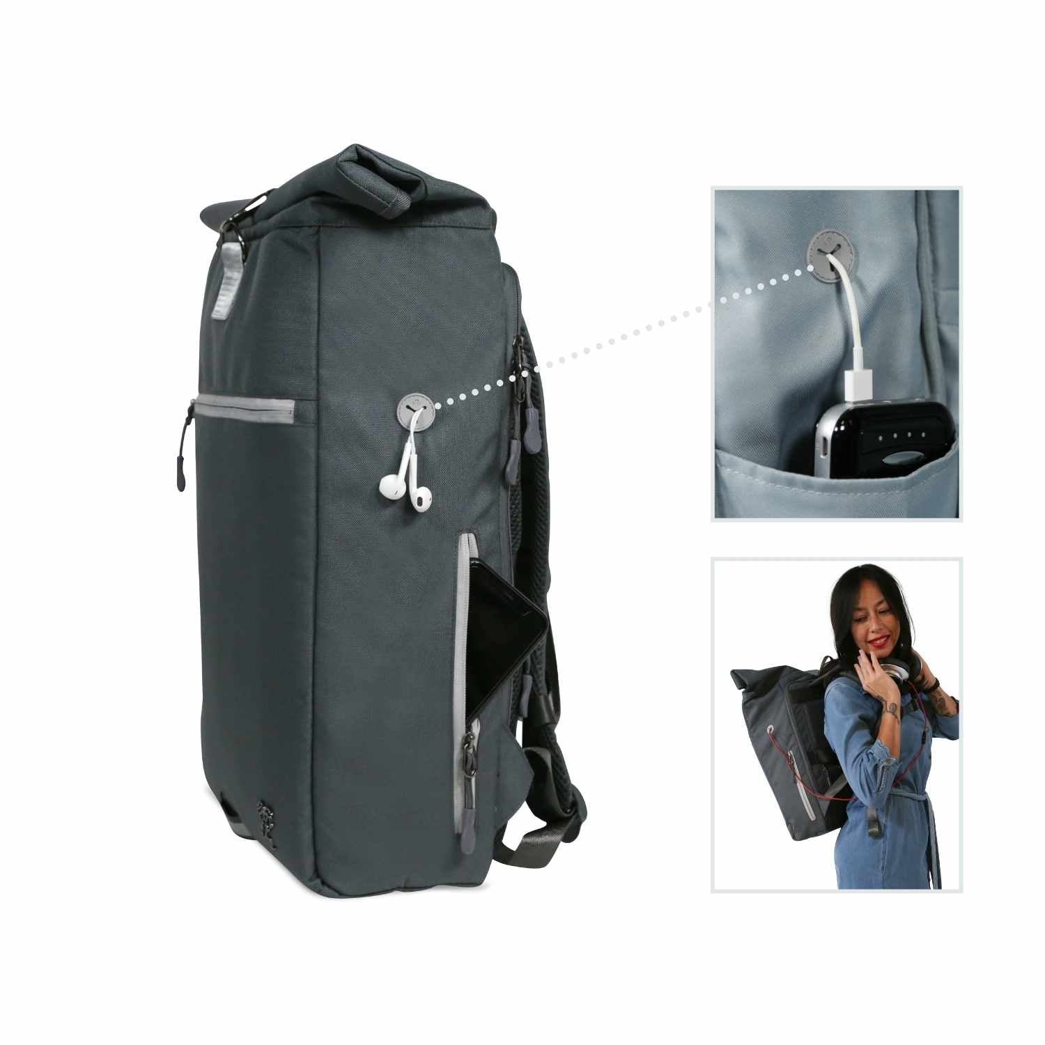 Ansicht von der rechten Seite des FUCHS und REBELL PIET Rolltop Rucksacks in dunkelgrau mit extra Smartphonetasche und Gummioeffnung für Kopfhoerer oder Aufladekabel. Auf der Innenseite ist unter der Gummioeffnung ein extra Fach für das Handy/ die Powerbank.