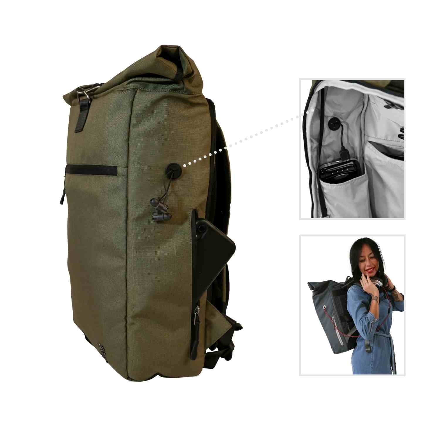 Ansicht von der rechten Seite des FUCHS und REBELL PIET Rolltop Rucksacks in gruen mit extra Smartphonetasche und Gummioeffnung für Kopfhoerer oder Aufladekabel. Auf der Innenseite ist unter der Gummioeffnung ein extra Fach für das Handy/ die Powerbank.